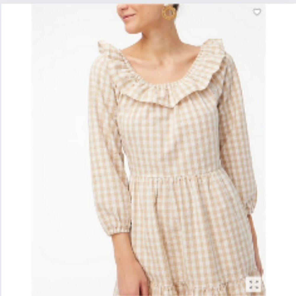 J. Crew Gingham Ruffleneck Mini dress, Light Khaki, Cottagecore, Tan White - Picture 3 of 5